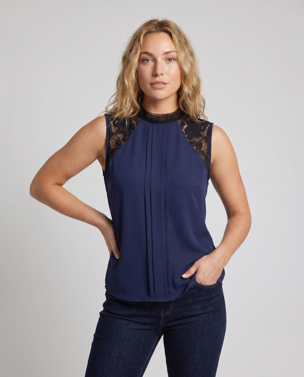 Women's Top with Elegant Lace Sleeves and Timeless Cut - Upper Body View