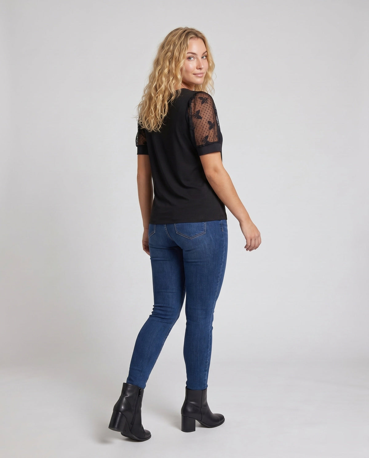 Women's Top with Fine Lace Sleeves and V-Neck - Back View