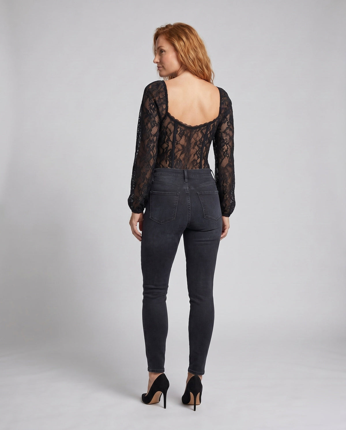 Women's Lace Bodysuit with Elegant Puff Sleeve and Deep Neckline - Back View