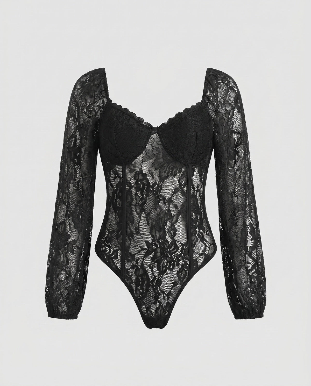 Women's Lace Bodysuit with Elegant Puff Sleeve and Deep Neckline