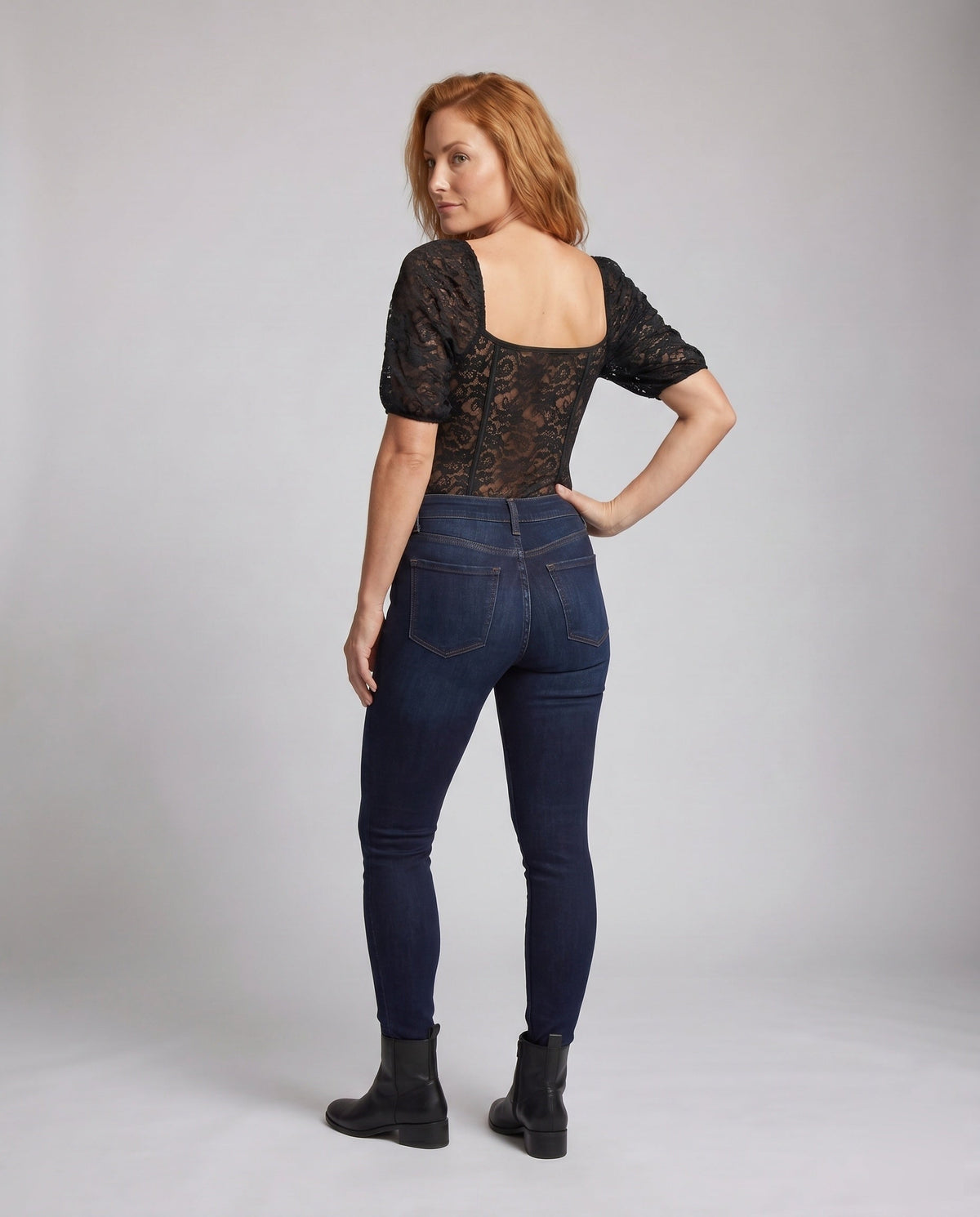 Women's Lace Bodysuits with Puff Sleeves - Back View
