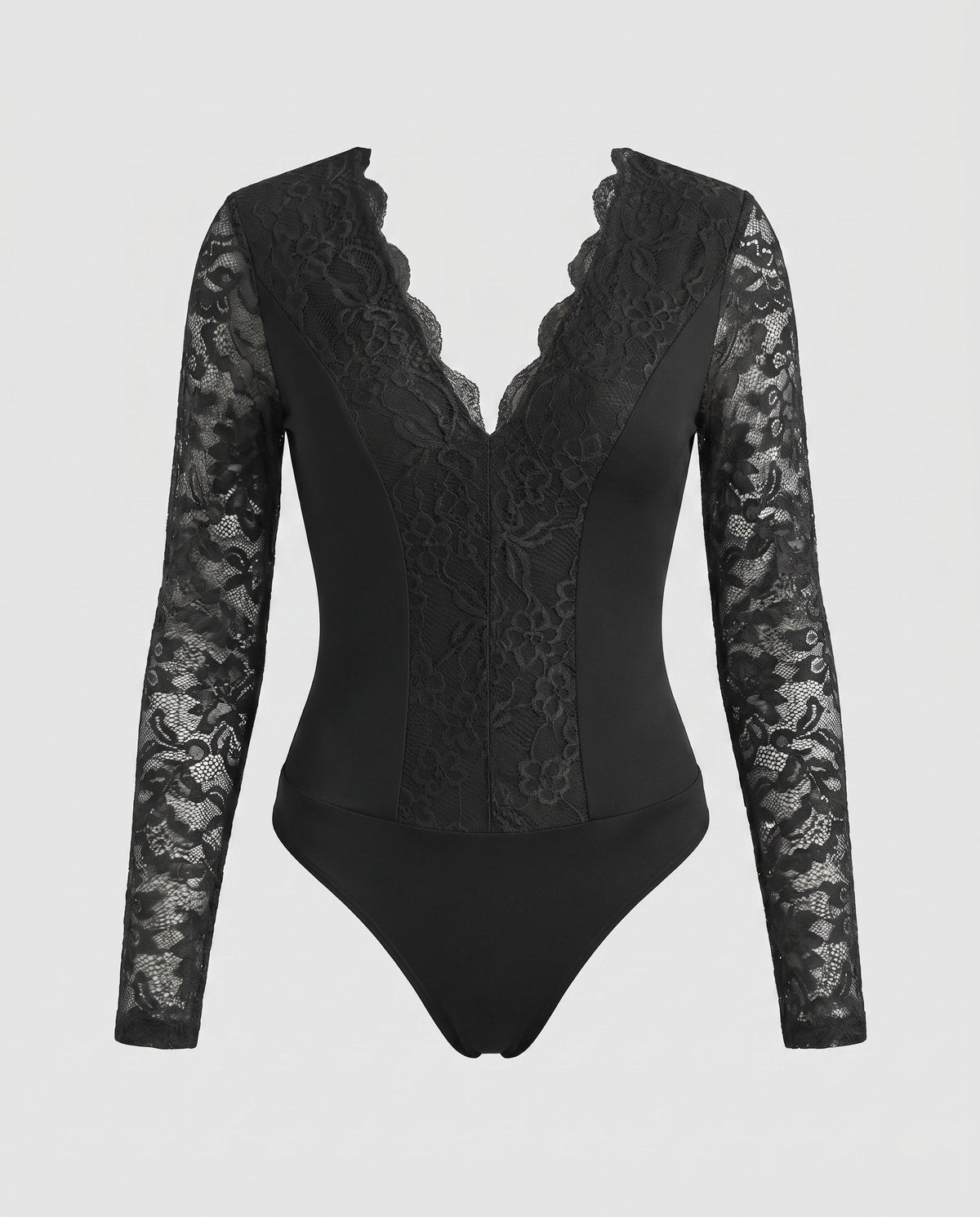 Women's Lace Bodysuits with Deep V-Neck and Long Sleeves