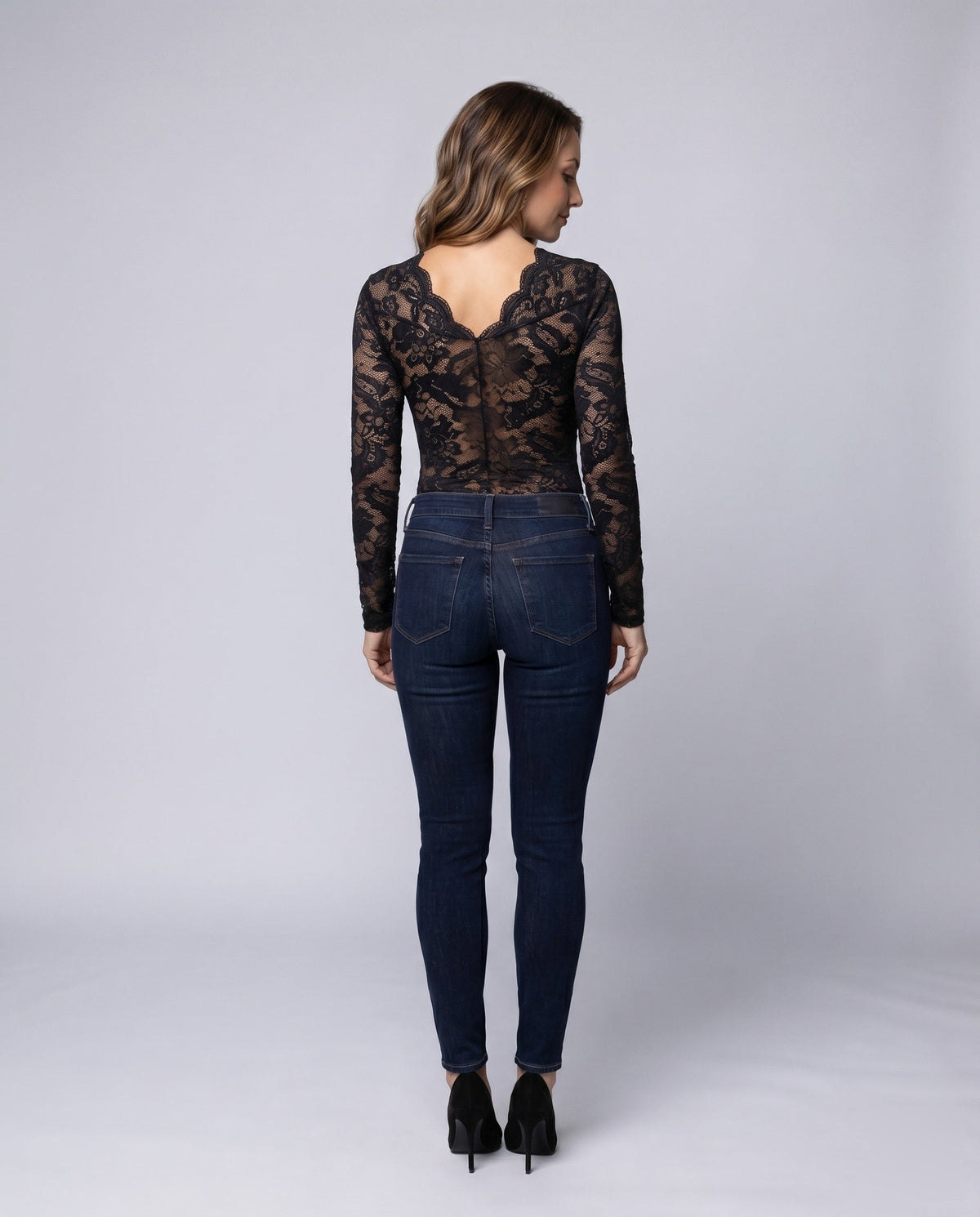 Women's Lace Bodysuit with Deep V-Neck and Detailed Crochet Work - Back View