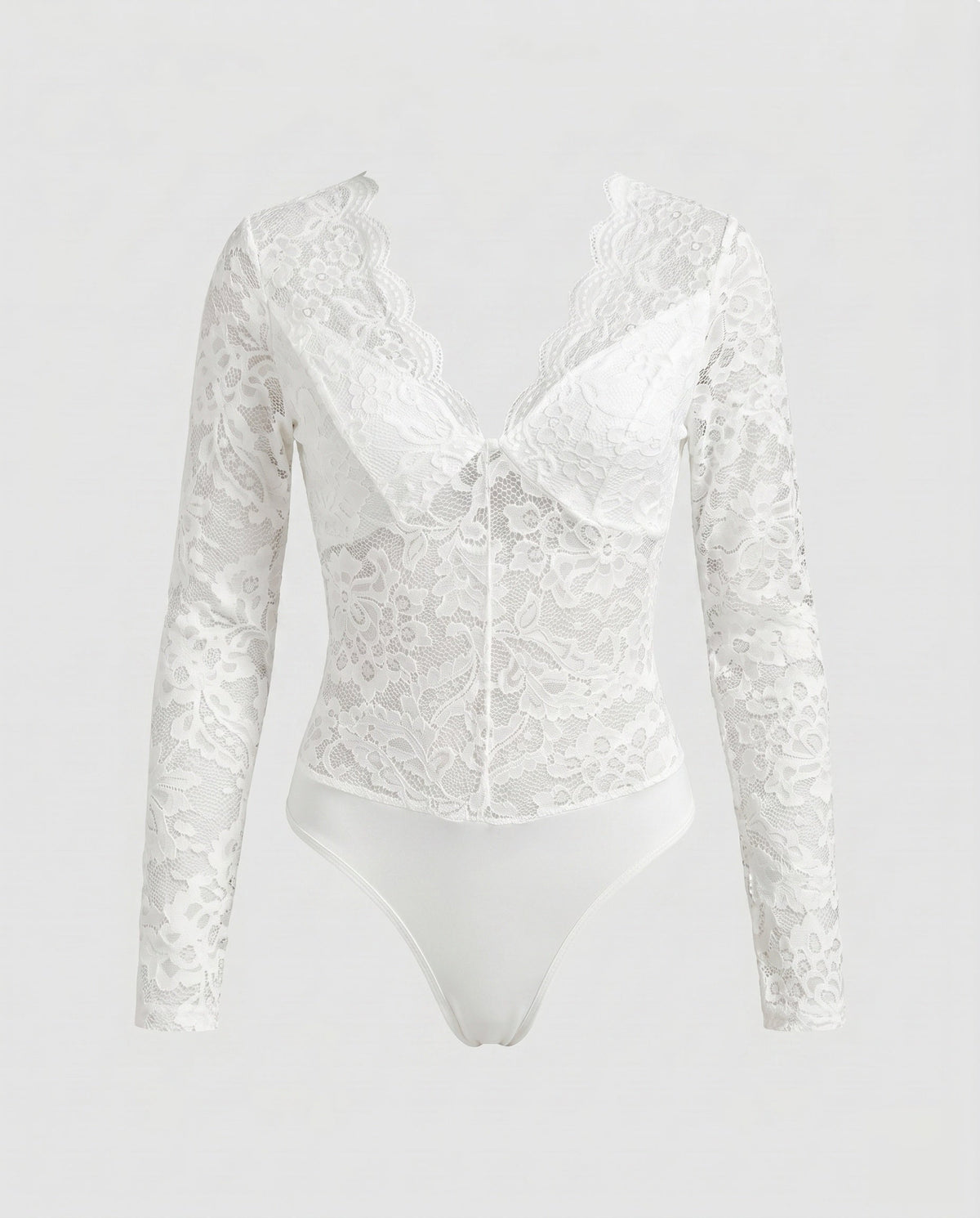 Women's Lace Bodysuit with Deep V-Neck and Detailed Crochet Work