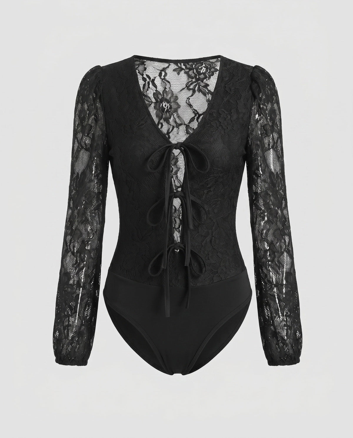 Women's Lace Bodysuit with Deep V-Neck and Ruffle Details