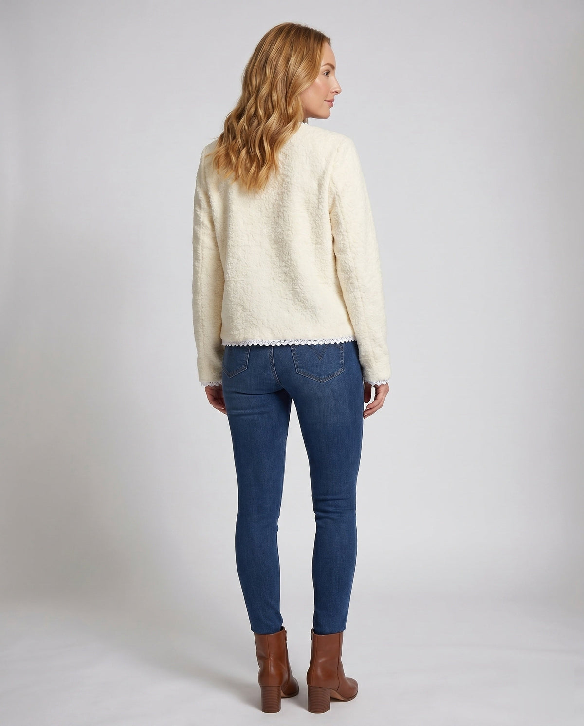 Women's Cardigan with Elegant Lace Accents and Practical Pockets - Back View