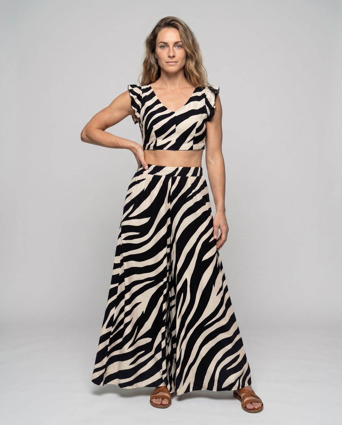 Women's Two-Piece Set with Voluminous Skirt and Ruffle Details - Front View