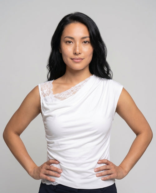 Women's Asymmetrical T-Shirt with Fine Lace and Casual Cut - Upper Body View