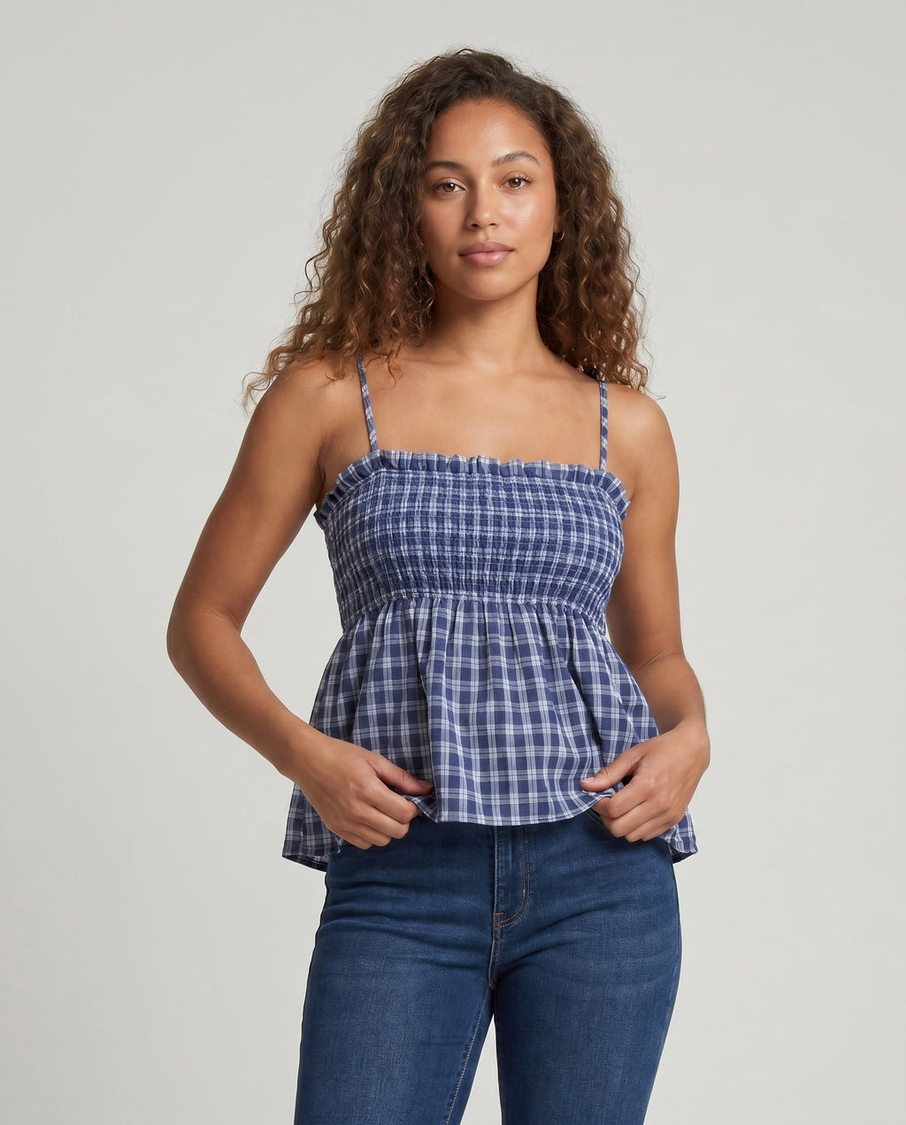 Women's Blouse Dress with Elastic Waist Drawstring and Checked Pattern - Upper Body View