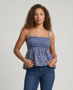 Women's Blouse Dress with Elastic Waist Drawstring and Checked Pattern - Upper Body View