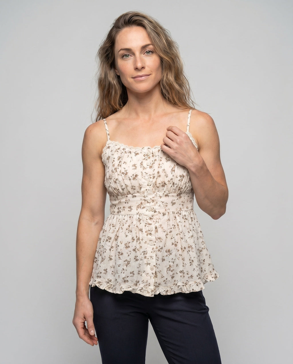 Women's Blouse Top with Voluminous Cut and Delicate Floral Details - Upper Body View