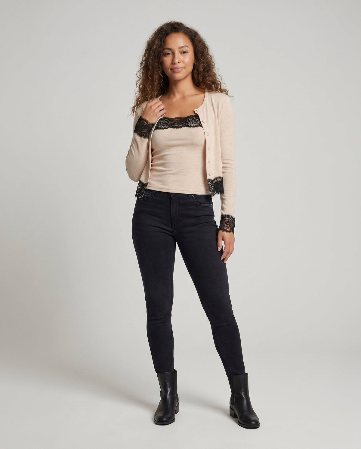 Women's Cardigan with Lace Accents and Fitted Cut - Front View