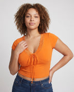 Women's Crop Top with Feminine Lace Embellishment - Upper Body View