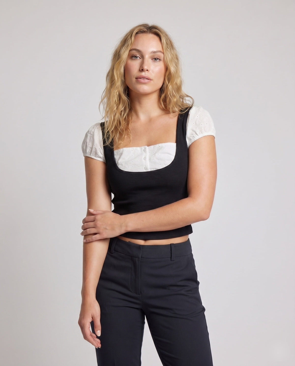 Women's Crop Top with Puff Sleeves and Incorporated Lace Trim - Upper Body View