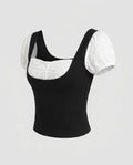 Women's Crop Top with Puff Sleeves and Incorporated Lace Trim