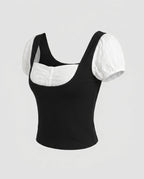 Women's Crop Top with Puff Sleeves and Incorporated Lace Trim