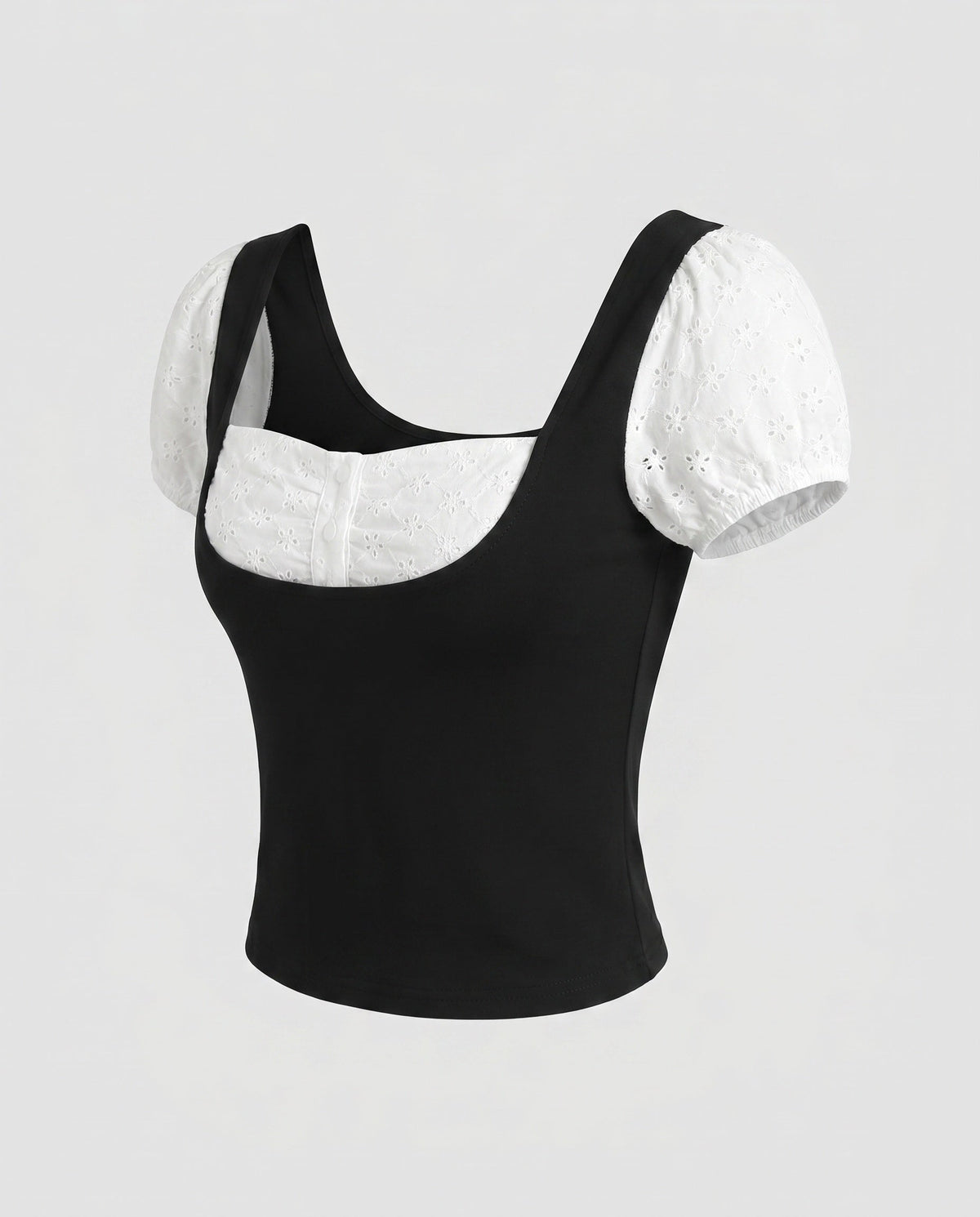 Women's Crop Top with Puff Sleeves and Incorporated Lace Trim