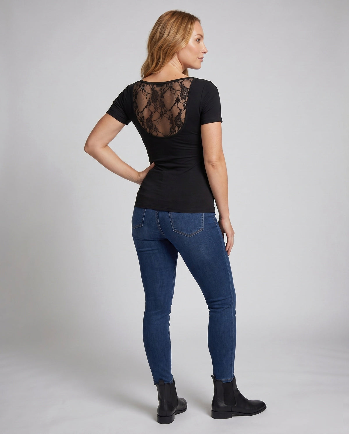 Women's Elegant Short Sleeve Shirt with Lace Back - Back View