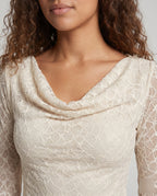 Women's Elegant Top with Soft Waterfall Neckline and Fine Lace Accents - Close-Up Detail