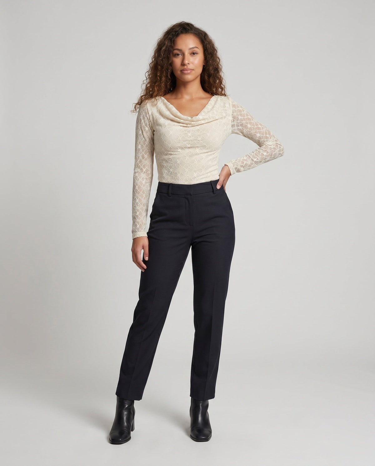 Women's Elegant Top with Soft Waterfall Neckline and Fine Lace Accents - Front View