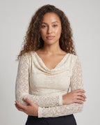 Women's Elegant Top with Soft Waterfall Neckline and Fine Lace Accents - Upper Body View