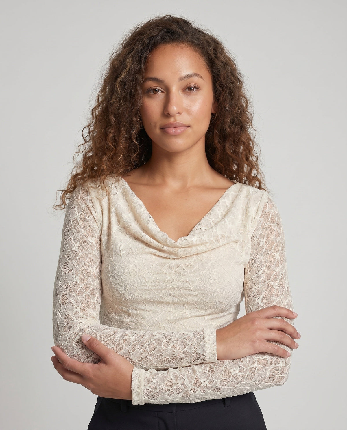 Women's Elegant Top with Soft Waterfall Neckline and Fine Lace Accents - Upper Body View