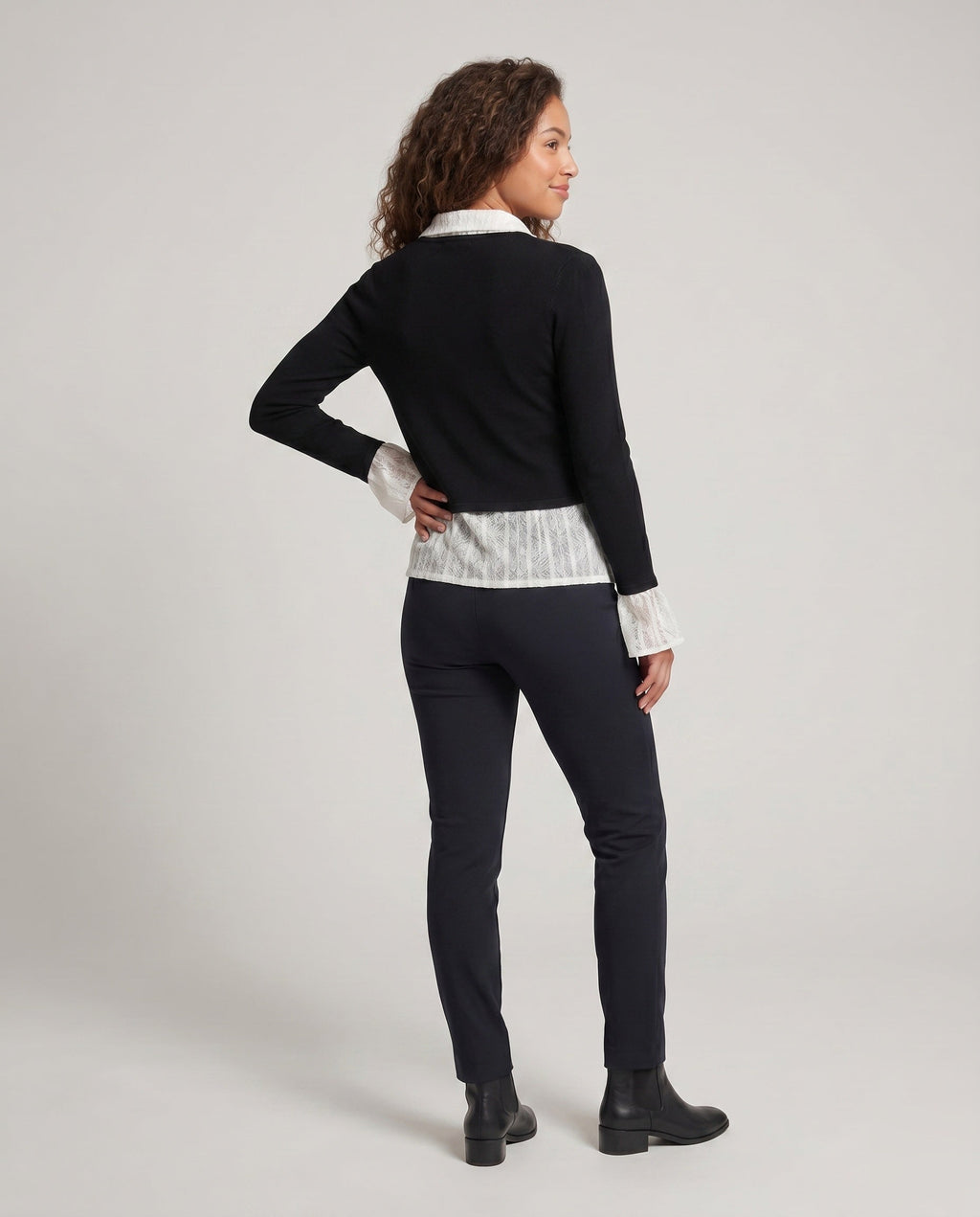Women's Elegant Cardigan Top with Decorative Ruffles and Fine Lace - Back View