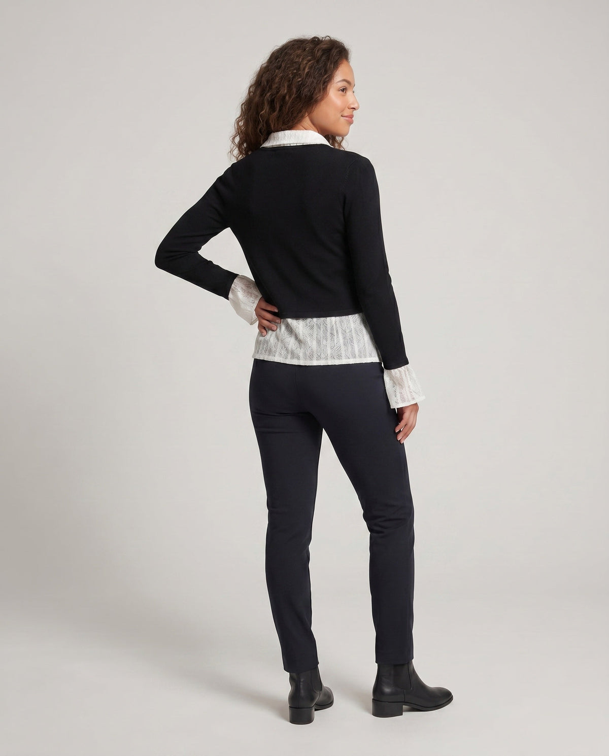 Women's Elegant Cardigan Top with Decorative Ruffles and Fine Lace - Back View
