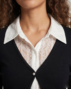 Women's Elegant Cardigan Top with Decorative Ruffles and Fine Lace - Close-Up Detail