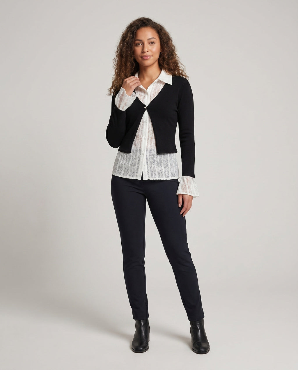 Women's Elegant Cardigan Top with Decorative Ruffles and Fine Lace - Front View