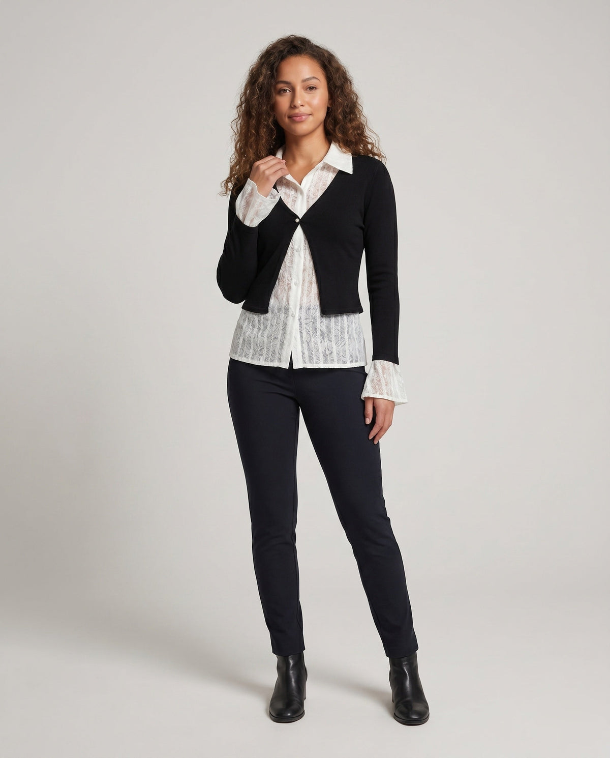 Women's Elegant Cardigan Top with Decorative Ruffles and Fine Lace - Front View