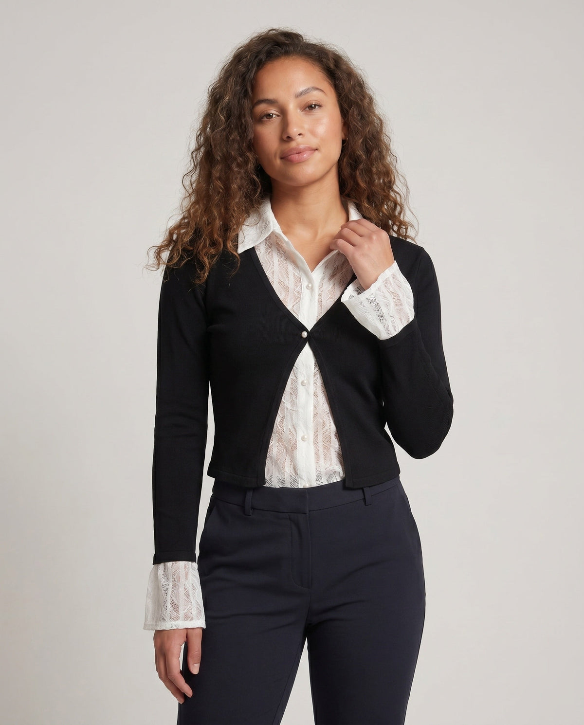 Women's Elegant Cardigan Top with Decorative Ruffles and Fine Lace - Upper Body View
