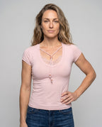 Women's Fitted Top with Delicate Lace Trim and Playful Knot Detail - Upper Body View