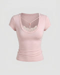 Women's Fitted Top with Delicate Lace Trim and Playful Knot Detail