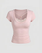 Women's Fitted Top with Delicate Lace Trim and Playful Knot Detail