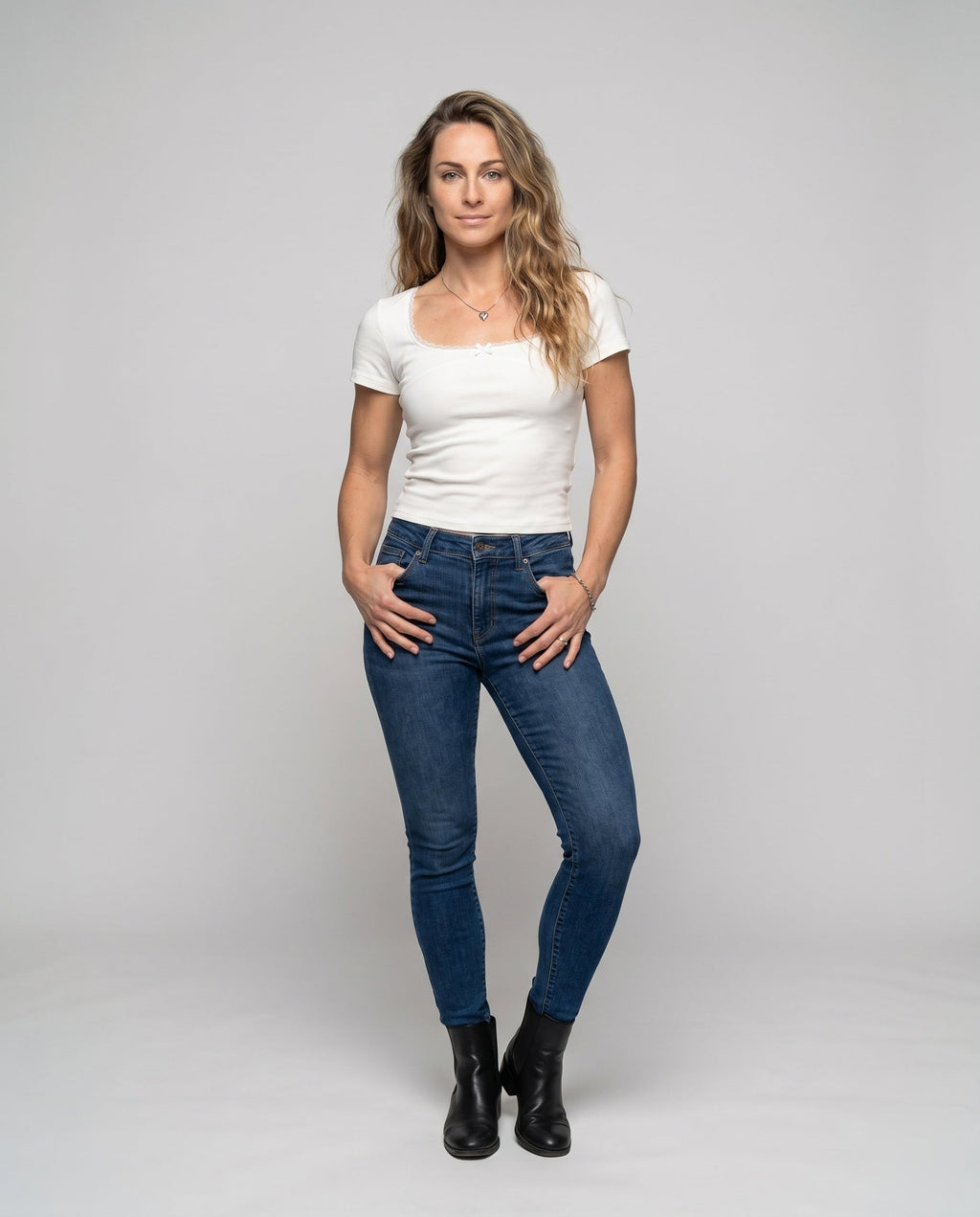 Women's Fitted T-Shirt with Decorative Lace Trim and Charming Bow - Front View