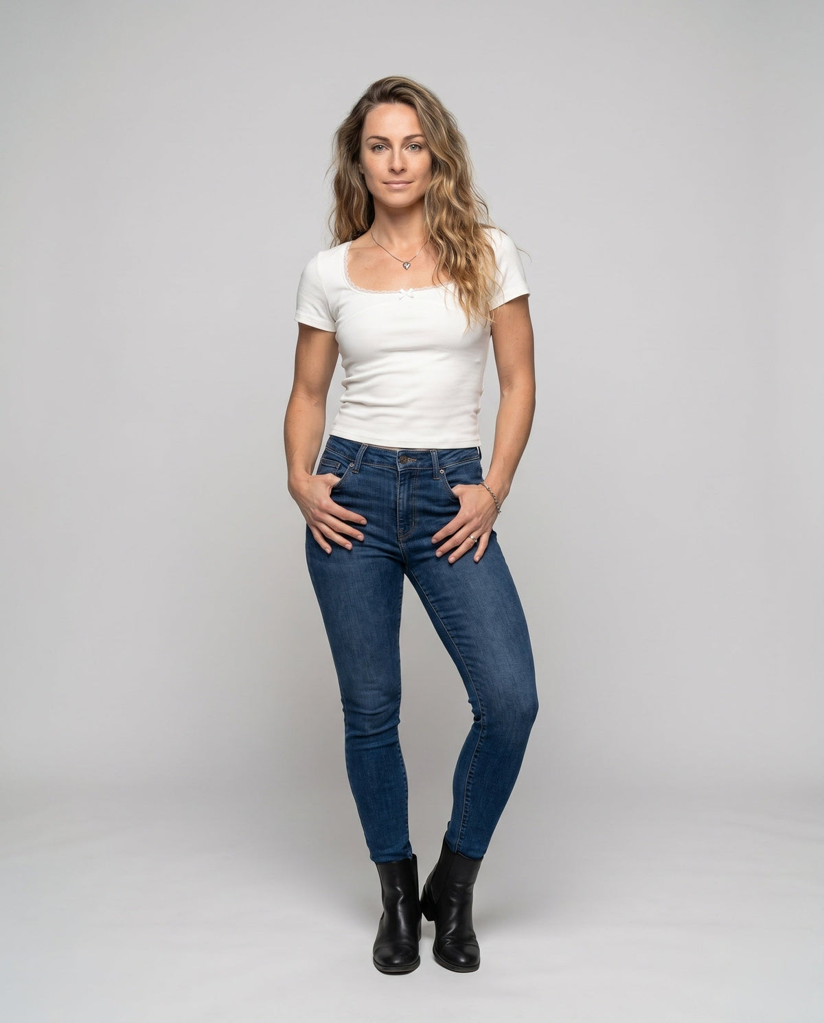 Women's Fitted T-Shirt with Decorative Lace Trim and Charming Bow - Front View