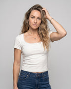 Women's Fitted T-Shirt with Decorative Lace Trim and Charming Bow - Upper Body View