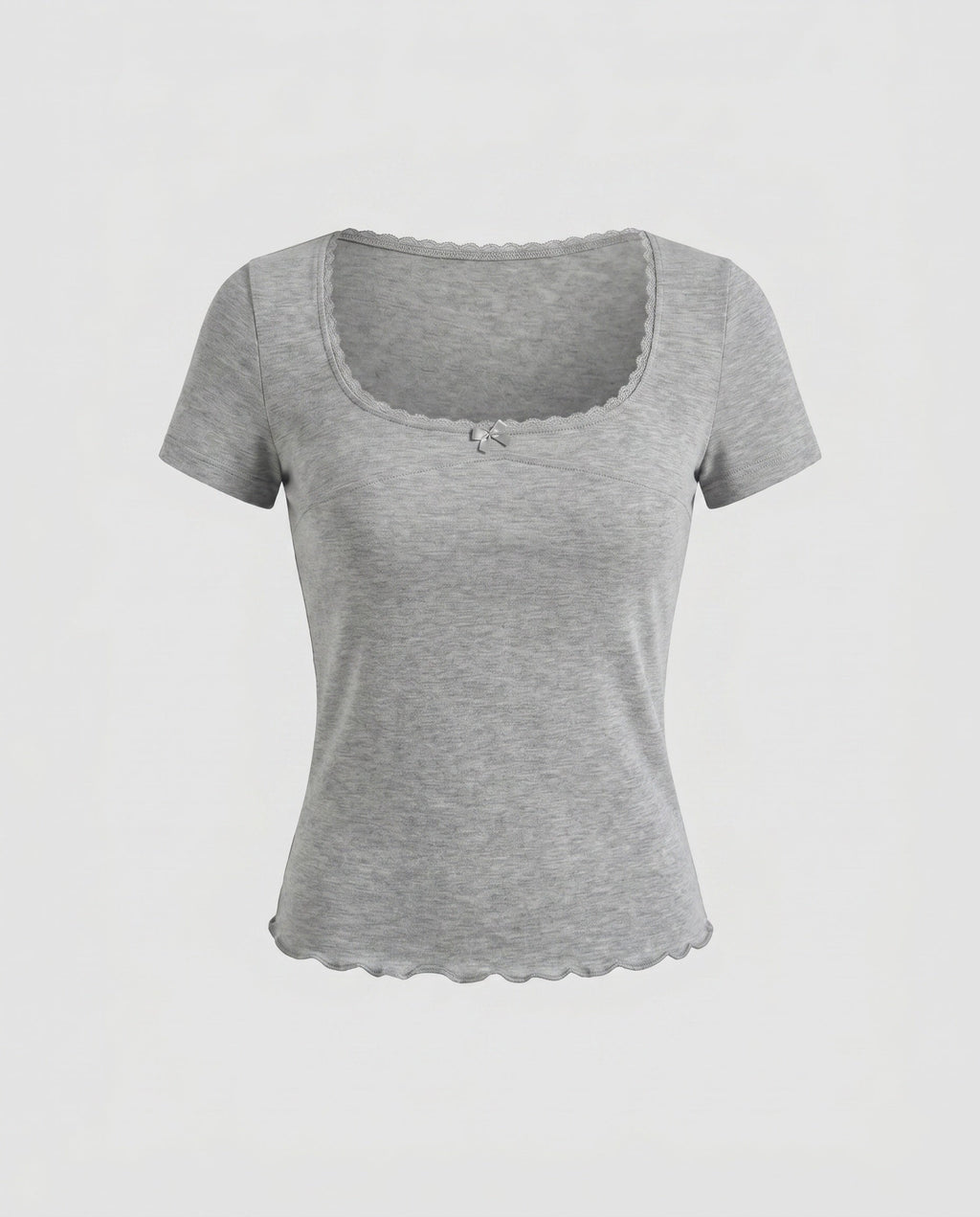 Women's Fitted T-Shirt with Decorative Lace Trim and Charming Bow
