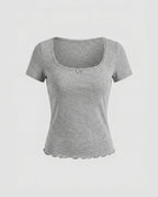 Women's Fitted T-Shirt with Decorative Lace Trim and Charming Bow
