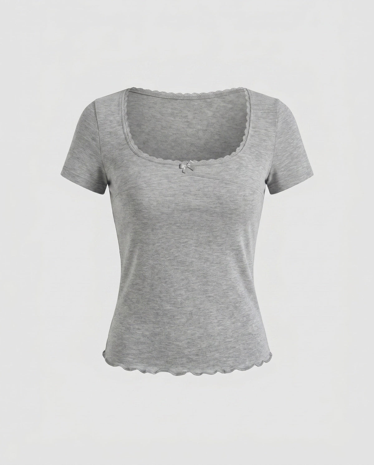 Women's Fitted T-Shirt with Decorative Lace Trim and Charming Bow