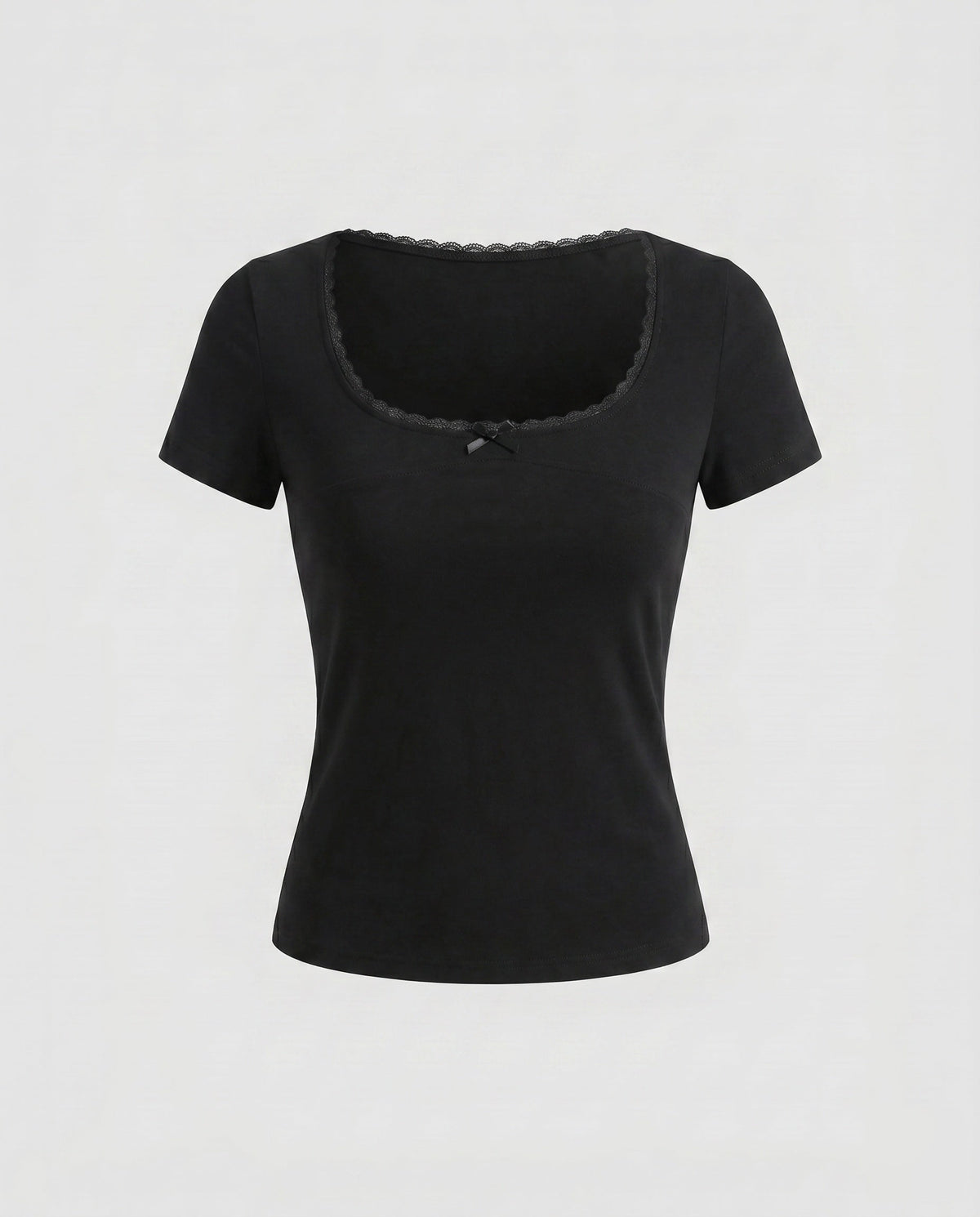 Women's Fitted T-Shirt with Decorative Lace Trim and Charming Bow