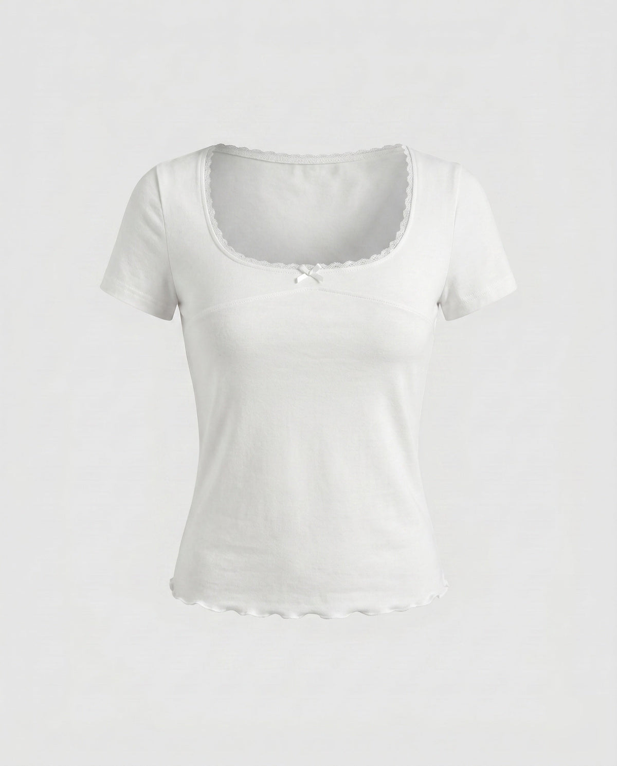 Women's Fitted T-Shirt with Decorative Lace Trim and Charming Bow