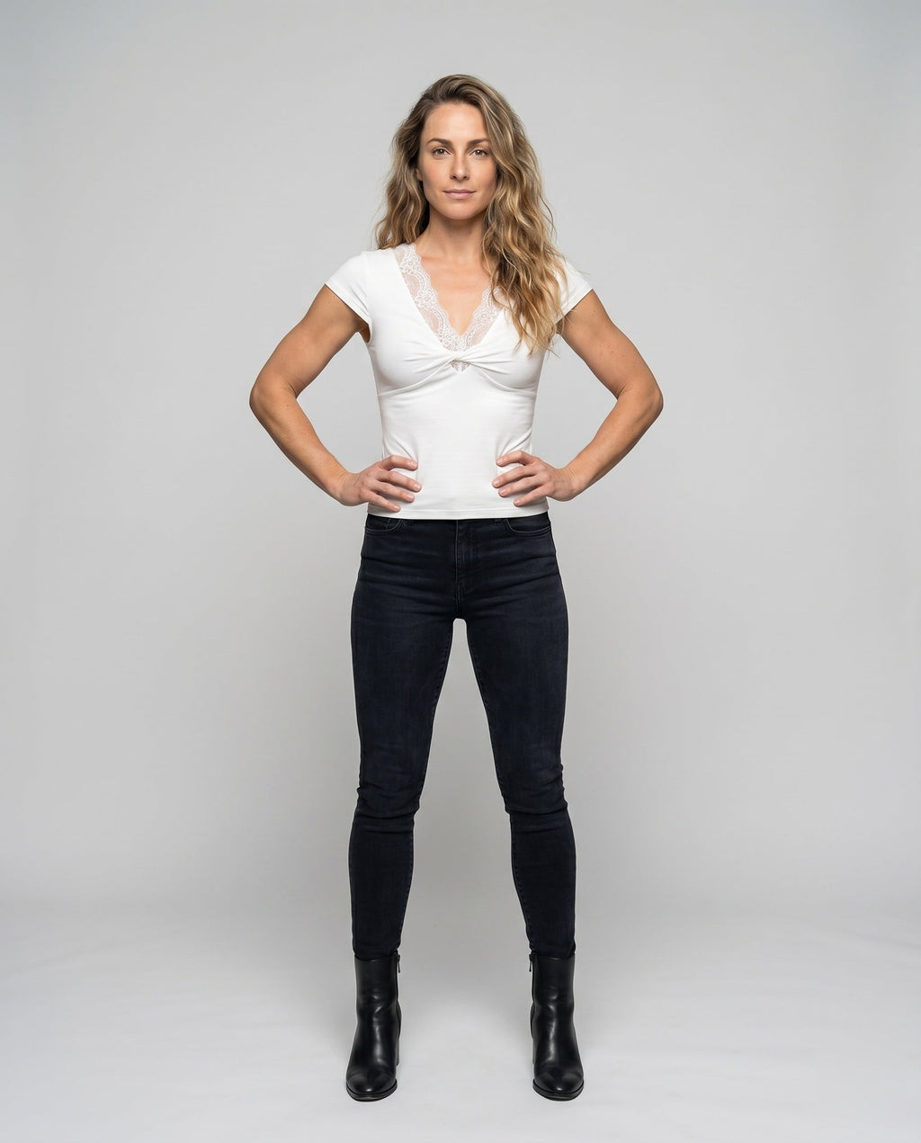 Women's Form-Fitting T-Shirt with Elegant Lace Collar and Gathering - Front View