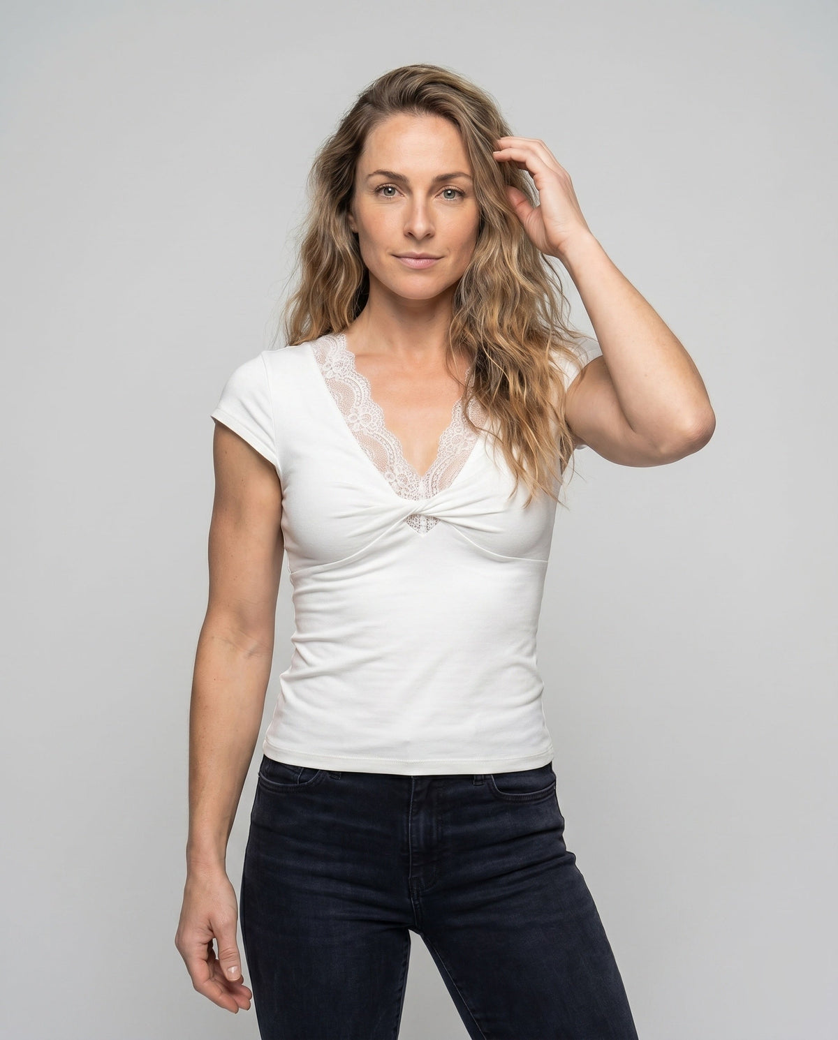 Women's Form-Fitting T-Shirt with Elegant Lace Collar and Gathering - Upper Body View