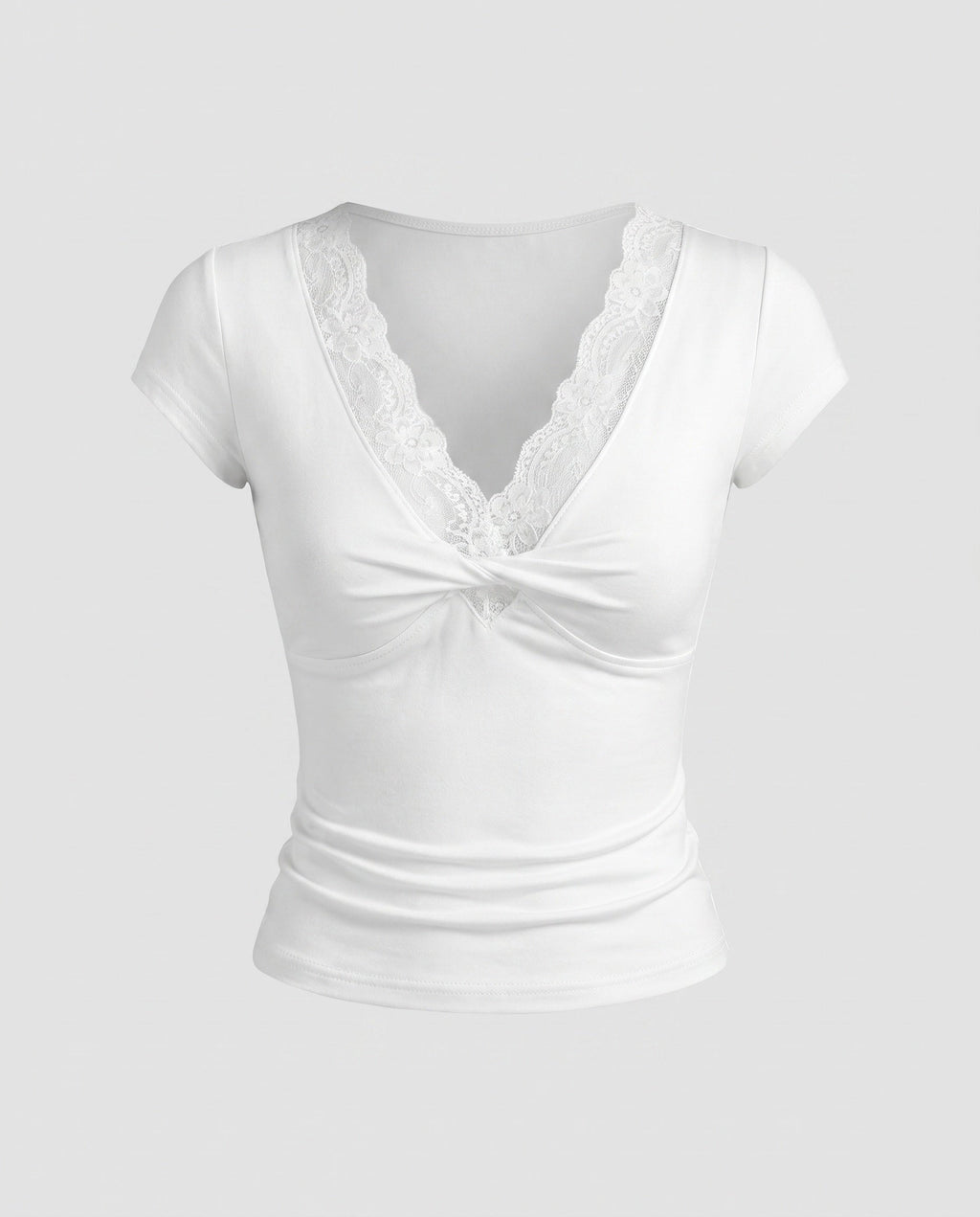 Women's Form-Fitting T-Shirt with Elegant Lace Collar and Gathering