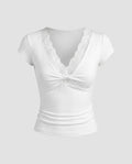 Women's Form-Fitting T-Shirt with Elegant Lace Collar and Gathering