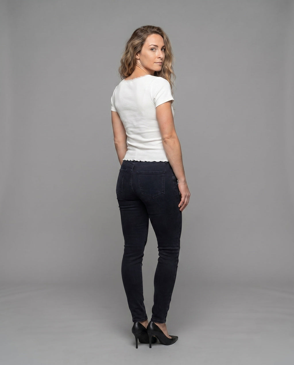 Women's Fitted T-Shirt with Fine Lace Decoration - Back View