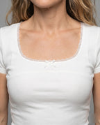 Women's Fitted T-Shirt with Fine Lace Decoration - Close-Up Detail