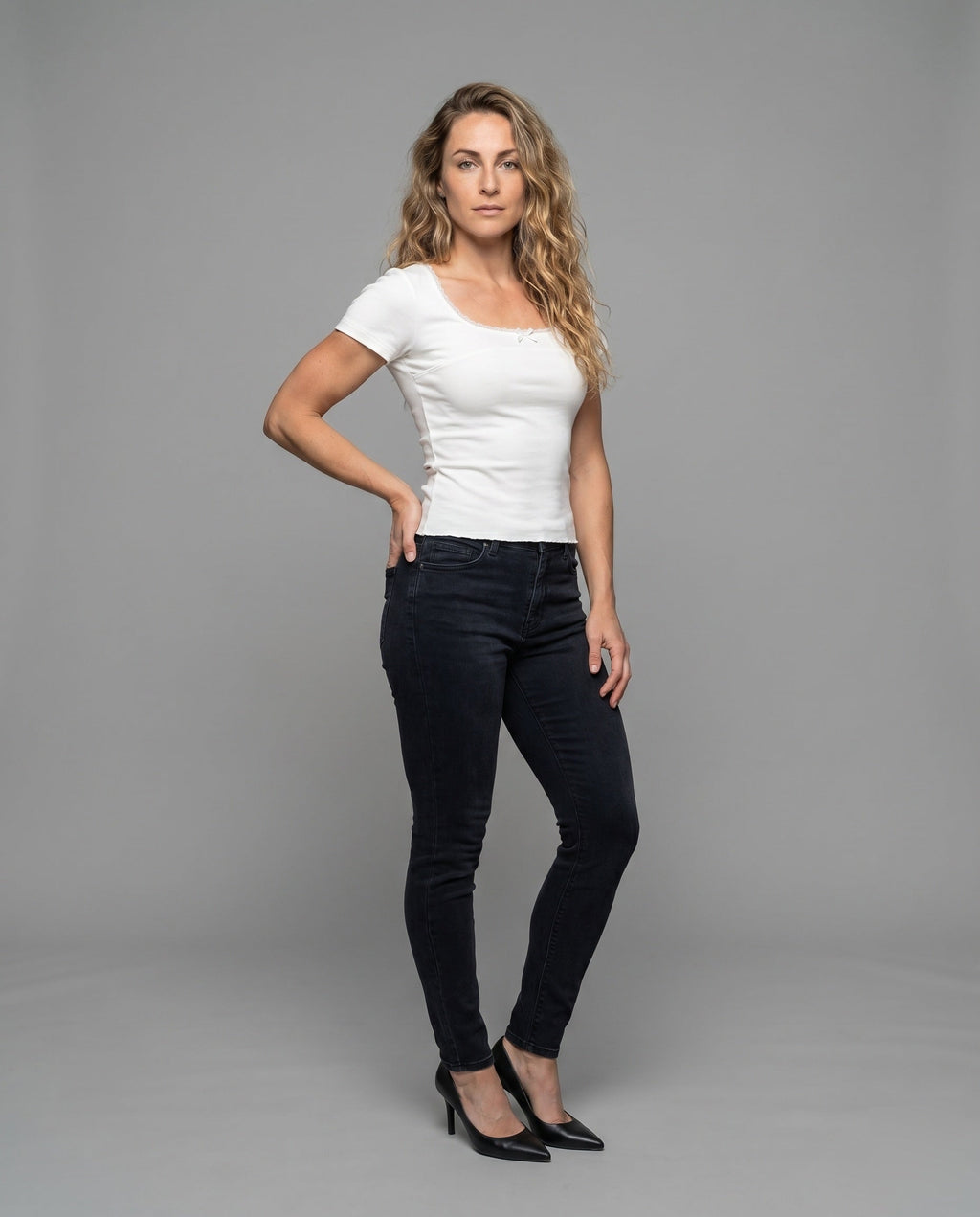 Women's Fitted T-Shirt with Fine Lace Decoration - Front View
